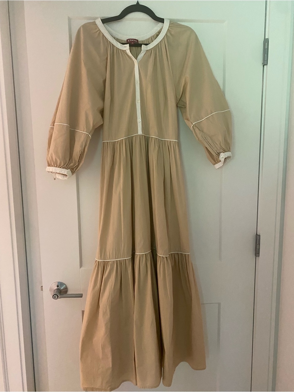 STAUD Beige Maxi Dress with White Trim